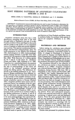 Host Feeding Patterns of Anopheles Culicifacies Speciesa and B