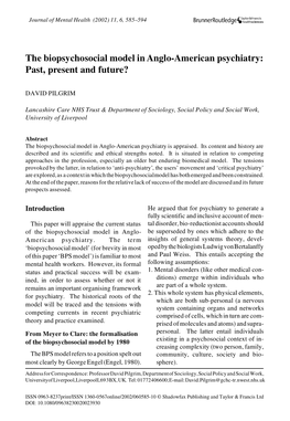 The Biopsychosocial Model in Anglo-American Psychiatry: Past, Present and Future?