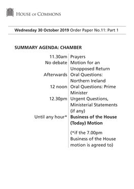 Order Paper for Wed 30 Oct 2019