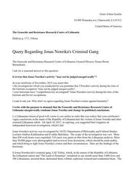 Query Regarding Jonas Noreika's Criminal Gang