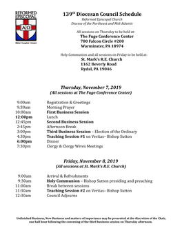 139Th Diocesan Council Schedule Reformed Episcopal Church Diocese of the Northeast and Mid-Atlantic