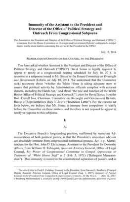 Immunity of the Assistant to the President and Director of the Office of Political Strategy and Outreach from Congressional Subpoena