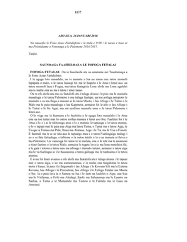 1137 ASO LUA, 26 IANUARI 2016 Na Tauaofia Le Fono Aoao Faitulafono I Le Itula E 9:00 I Le Taeao E Tusa Ai Ma Polokalame O Fonota