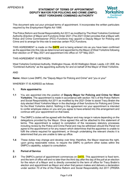 Statement of Terms of Appointment Deputy Mayor for Policing and Crime (Dmpc) West Yorkshire Combined Authority Appendix B