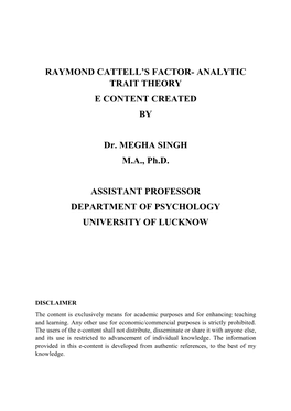 Raymond Cattell's Factor- Analytic Trait Theory E