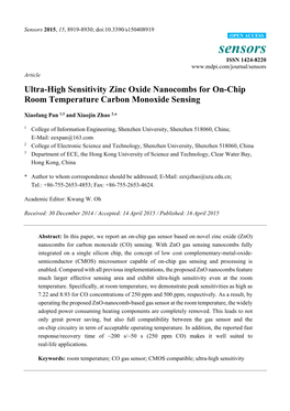 Ultra-High Sensitivity Zinc Oxide Nanocombs for On-Chip Room Temperature Carbon Monoxide Sensing