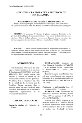 Adiciones a La Flora De La Provincia De Guadalajara, I