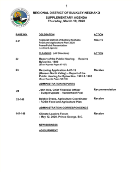 REGIONAL DISTRICT of BULKLEY-NECHAKO SUPPLEMENTARY AGENDA Thursday, March 19, 2020