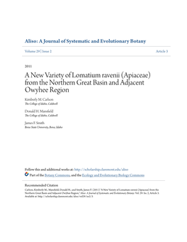 A New Variety of Lomatium Ravenii (Apiaceae) from the Northern Great Basin and Adjacent Owyhee Region Kimberly M