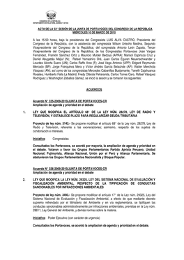 Acta De La 53° Sesión De La Junta De Portavoces Del Congreso De La República Miércoles 10 De Marzo De 2010