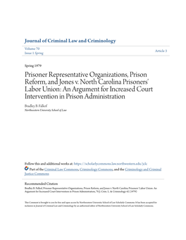 Prisoner Representative Organizations, Prison Reform, and Jones V. North Carolina Prisoners' Labor Union
