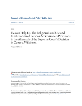 Heaven Help Us: the Religious Land Use and Institutionalized Persons Act's Prisoners Provisions in the Aftermath of the Supreme Court's Decision in Cutter V