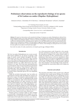 Preliminary Observations on the Reproductive Biology of Six Species of Sri Lankan Sea Snakes (Elapidae: Hydrophiinae)