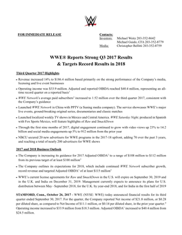 WWE® Reports Strong Q3 2017 Results & Targets Record Results