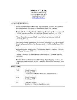 ROBB WILLER Department of Sociology 450 Serra Mall, Bldg