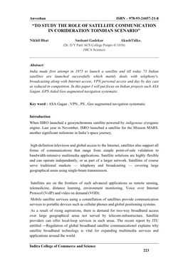 To Study the Role of Satellite Communication in Corideration Toindian Scenario”