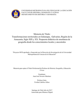 Transformaciones Territoriales En Gulumapu, Galvarino, Región De La Araucanía, Siglo XIX Y XX