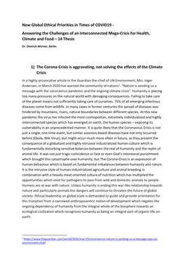 New Global Ethical Priorities in Times of COVID19 - Answering the Challenges of an Interconnected Mega-Crisis for Health, Climate and Food – 14 Thesis