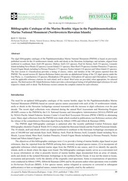 Bibliographic Catalogue of the Marine Benthic Algae in the Papahānaumokuākea Marine National Monument (Northwestern Hawaiian Islands)