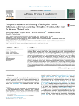 Ontogenetic Trajectory and Allometry of Diplonychus Rusticus (Fabricius), an Oriental Aquatic Bug (Hemiptera: Belostomatidae) from the Western Ghats of India