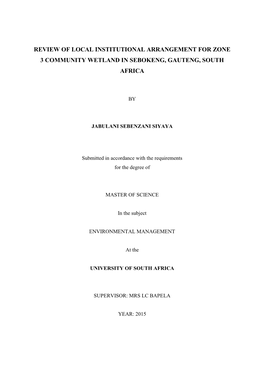 Review of Local Institutional Arrangement for Zone 3 Community Wetland in Sebokeng, Gauteng, South Africa