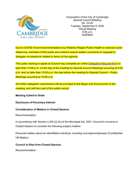 September 8, 2020 Special Council Agenda