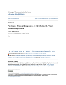 Psychiatric Illness and Regression in Individuals with Phelan- Mcdermid Syndrome