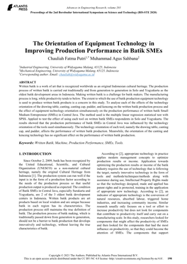 The Orientation of Equipment Technology in Improving Production Performance in Batik Smes Chauliah Fatma Putri1,* Muhammad Agus Sahbana2