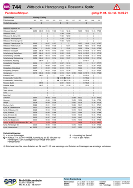 Wittstock ÷ Herzsprung ÷ Rossow ÷ Kyritz Pandemiefahrplan Gültig 21.01