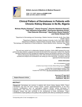 Clinical Pattern of Dermatoses in Patients with Chronic Kidney Disease in Ile-Ife, Nigeria