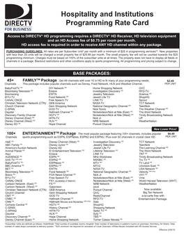 Hospitality and Institutions Programming Rate Card