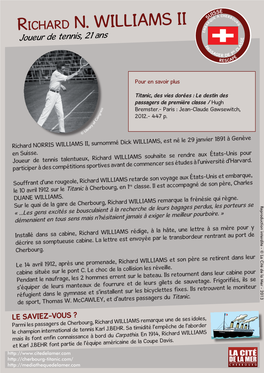 Richard N. WILLIAMS II Joueur De Tennis, 21 Ans Titanic Se Remplirent « Nous Étions Sur Le Pont Et Nous Regardions Les Canots De Sauvetage Du Puis Être Mis À L’Eau