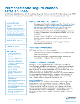 Permaneciendo Seguro Cuando Estás En Línea Un Plan De Clase Tomado De: “Derechos, Respeto, Responsabilidad: Un Currículo Para K-12”