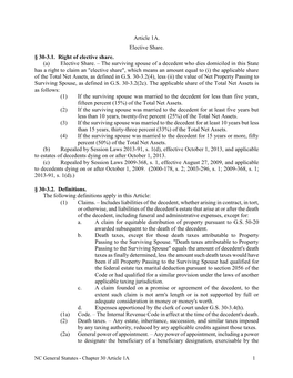 Article 1A. Elective Share. § 30-3.1. Right of Elective Share. (A) Elective Share