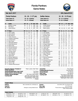 Florida Panthers Game Notes