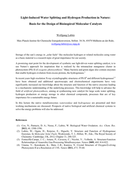 Light-Induced Water Splitting and Hydrogen Production in Nature