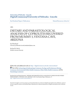 DIETARY and PARASITOLOGICAL ANALYSIS of COPROLITES RECOVERED from MUMMY 5, VENTANA CAVE, ARIZONA Karl Reinhard University of Nebraska-Lincoln, Kreinhard1@Mac.Com