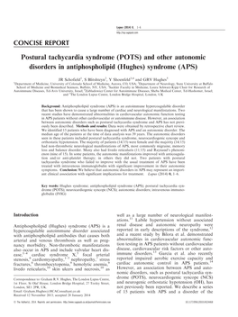 Postural Tachycardia Syndrome (POTS) and Other Autonomic Disorders in Antiphospholipid (Hughes) Syndrome (APS)