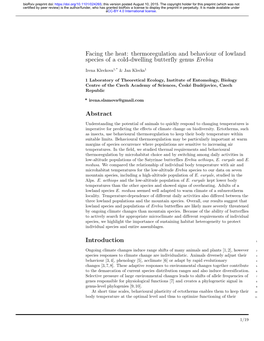 Thermoregulation and Behaviour of Lowland Species of a Cold-Dwelling Butterfly Genus Erebia