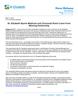 St. Elizabeth Sports Medicine and Cincinnati Dutch Lions Form Winning Partnership