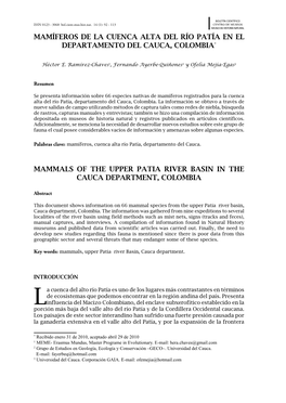 Mamíferos De La Cuenca Alta Del Río Patía En El Departamento Del Cauca, Colombia*