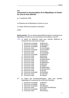 Loi Concernant La Circonscription De La République Et Canton Du Jura En Trois Districts Du 11 Septembre 1996