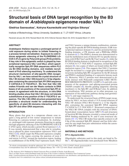 Structural Basis of DNA Target Recognition by the B3 Domain of Arabidopsis Epigenome Reader VAL1 Giedrius Sasnauskas*, Kotryna Kauneckaite˙ and Virginijus Siksnys*