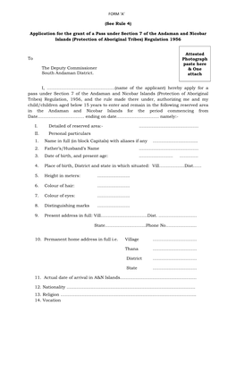 Application for the Grant of a Pass Under Section 7 of the Andaman and Nicobar Islands (Protection of Aboriginal Tribes) Regulation 1956