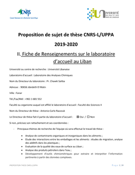 Proposition De Sujet De Thèse CNRS-L/UPPA 2019-2020 II. Fiche De Renseignements Sur Le Laboratoire D’Accueil Au Liban