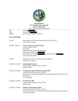 Daily Schedule for Lori E. Lightfoot, Mayor
