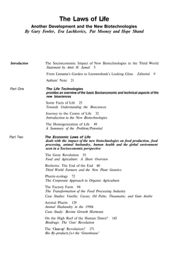 The Laws of Life Another Development and the New Biotechnologies by Gary Fowler, Eva Lachkovics, Pat Mooney and Hope Shand