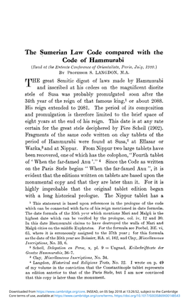 The Sumerian Law Code Compared with the Code of Hammurabi (Dead at the Entente Conference of Orientalists, Paris, July, 1920.) by PROFESSOR S