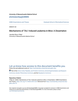 Mechanisms of TAL1 Induced Leukemia in Mice: a Dissertation