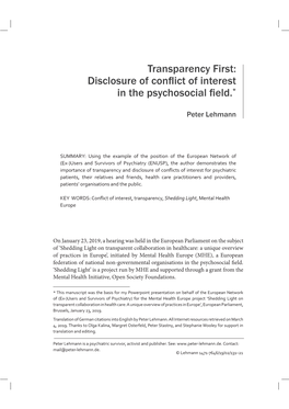 Lehmann, Peter:Transparency First. Disclosure of Conflicts of Interest In